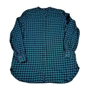 Lands End Womens Plaid Flannel Night Shirt Nightgown L Green Navy Blue Button Up